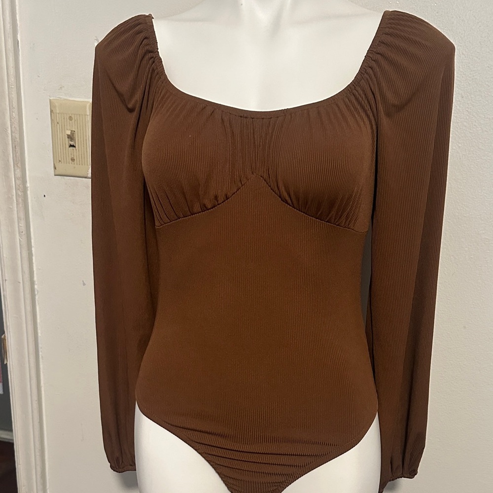 SHEIN Brown Long Sleeve Square Neck Ribbed Bodysuit